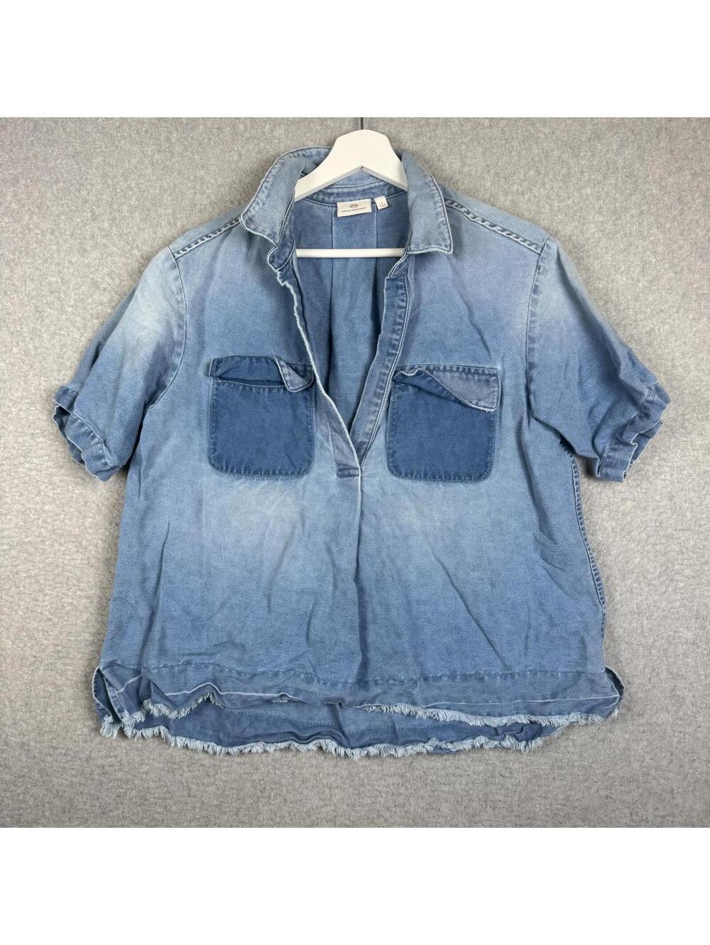 AG 100% Cotton Two Tone Denim Distressed Oversized Boxy Fit Popover Top Small